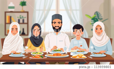 Muslim family gathering around dining table Muslim family gathering around dining table 113939801