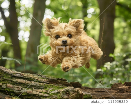 A small dog with a glossy coat enthusiastically jumps over a fallen log amidst picturesque trees in the deep woods. 113939820