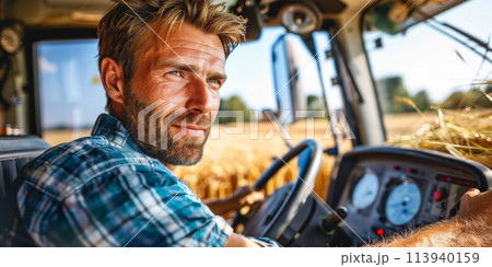 A man drives a tractor through a golden field, harvesting crops under the clear blue sky. 113940159
