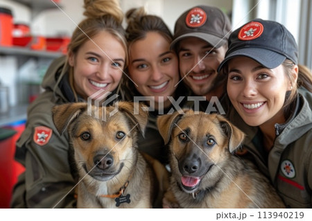 Group posing with their companion dogs, smiling for the camera 113940219