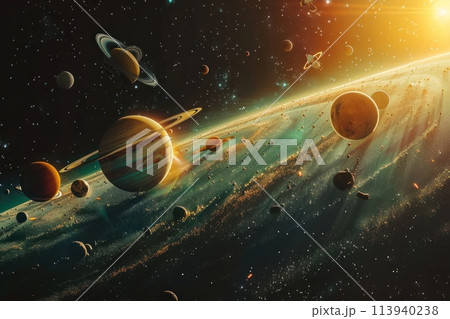 an artist s impression of the solar system with the sun shining through the planets 113940238