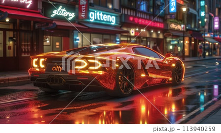 An orange sports car cruises down a slick city street 113940259