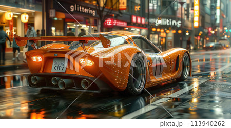 An orange sports car cruises down a slick city street 113940262
