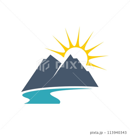Mountain, River and Sun Logo Template Illustration Design. Vector EPS 10. 113940343