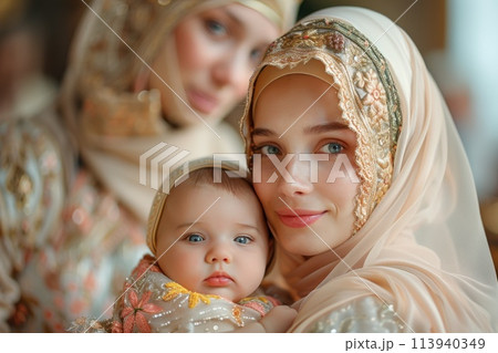Unity at the Moment of Baptism: Kuma with the Child in the Temple at the Baptism Ceremony. 113940349