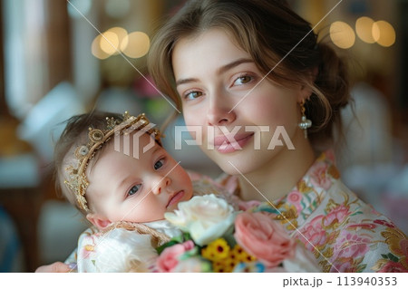 Unity at the Moment of Baptism: Kuma with the Child in the Temple at the Baptism Ceremony. 113940353