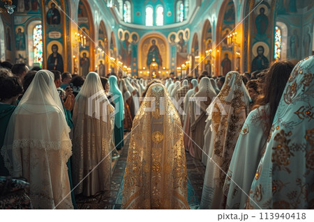 Glorification in the chapels: renewed icons accompany the procession of the faithful in the church 113940418