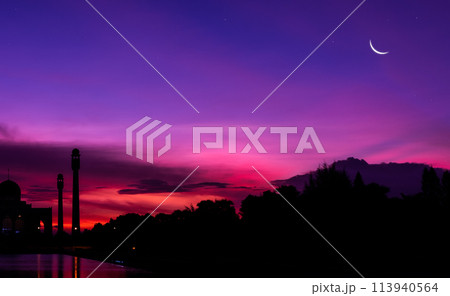 A beautiful purple sky with a crescent moon A beautiful purple sky with a crescent moon 113940564