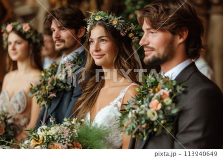 Newlyweds get married in a church fairy tale: flowers, greenery and love against the background of ancient walls 113940649