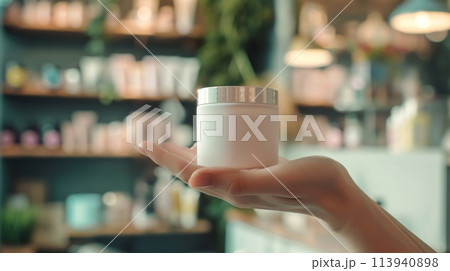 Hand Presenting Cosmetic Jar in Beauty Store Hand Presenting Cosmetic Jar in Beauty Store 113940898