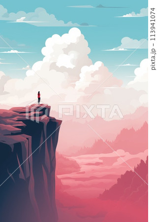 woman stands on high cliff in mountain landscape illustration 113941074