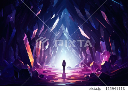 lonely person in cave full of diamonds illustration lonely person in cave full of diamonds illustration 113941118