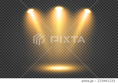 Illumination of the stage with yellow light of lighting fixtures on a dark transparent background. Illumination of the stage with yellow light of lighting fixtures on a dark transparent background. 113941133