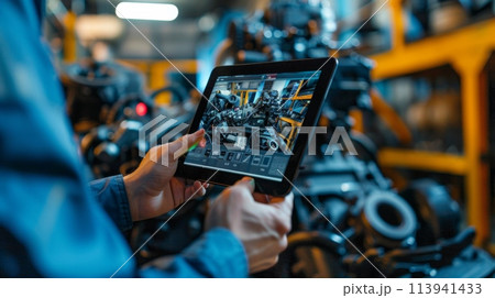 Mechanic Uses Tablet Computer with an Augmented Reality Diagnostics Software. Specialist Inspecting the Car in Order to Find Broken Components Inside the Engine Bay. Modern Car Service. Mechanic Uses Tablet Computer with an Augmented Reality Diagnostics Software. Specialist Inspecting the Car in Order to Find Broken Components Inside the Engine Bay. Modern Car Service. 113941433