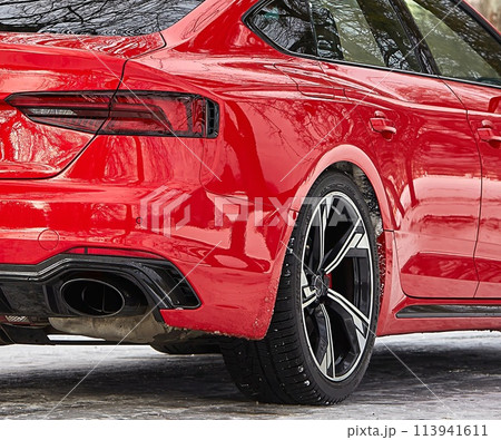 Modern red sport car in the winter forest background,  car wallpaper 113941611