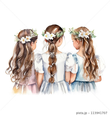 Flower girls in flower wreaths, back view portrait. Watercolor illustration 113941707