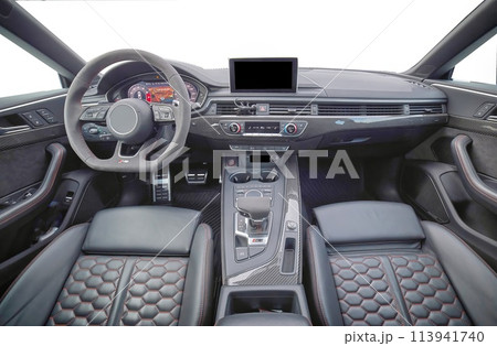 Inside moden car background, luxury car interior elements wallpaper. Black leather car interior 113941740
