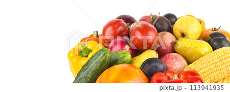 Set of vegetables and fruits isolated on a white. Wide photo. There is free space for text. Set of vegetables and fruits isolated on a white. Wide photo. There is free space for text. 113941935