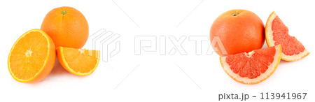 Ripe juicy orange and grapefruit isolated on white. There is free space for text. Collage. Wide photo. 113941967