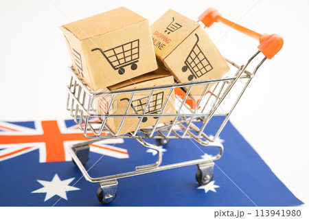 Box with shopping online cart logo and Australia flag, Import Export Shopping online or commerce finance delivery service store product shipping, trade, supplier. Box with shopping online cart logo and Australia flag, Import Export Shopping online or commerce finance delivery service store product shipping, trade, supplier. 113941980
