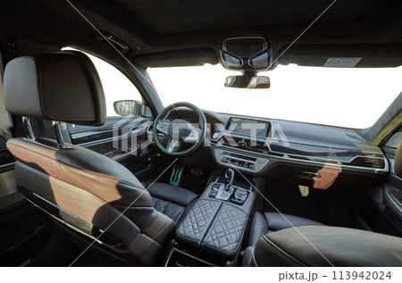 Inside moden car background, luxury car interior with blank white windows background, car elements 113942024