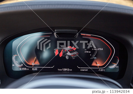 Car speedometer and sensors on a control panel background, car e 113942034