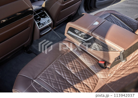 Inside moden car background, luxury car interior elements wallpaper. Black leather car interior 113942037