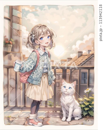 街中で佇む猫と少女 街中で佇む猫と少女 113942118