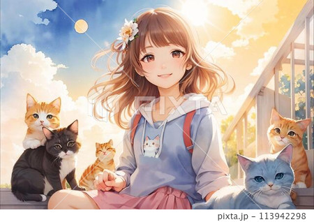 猫と遊ぶ女の子のイラスト素材 [113942298] - PIXTA