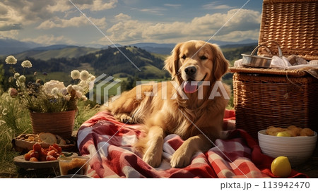 Golden retriever on a picnic blanket with a...のイラスト素材 [113942470] - PIXTA