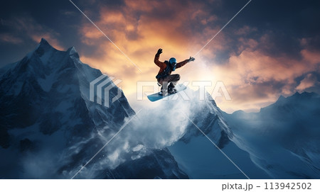 A snowboarder jumps off a snowy mountain peak into the air 113942502