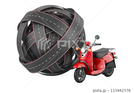 Tangled ball of roads with motor scooter, moped. 3D rendering Tangled ball of roads with motor scooter, moped. 3D rendering 113942576