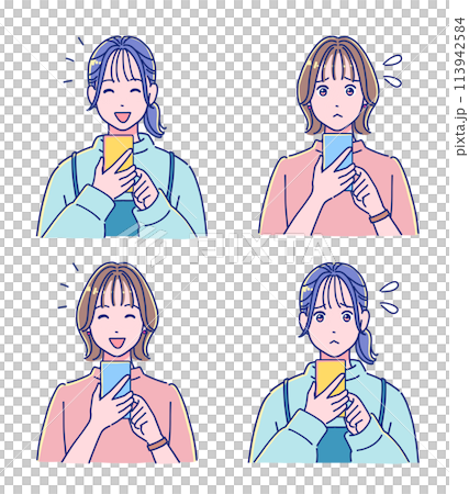 スマホを使うアニメ風の女性 疑問と解決セット スマホを使うアニメ風の女性 疑問と解決セット 113942584