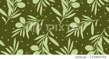 Olive branch with leaves and olives summer spring seamless repeating pattern, green fresh minimalistic floral design element, floral line contour high quality 113942758