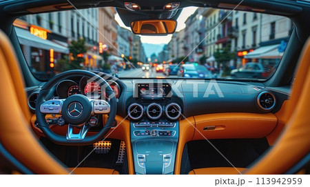 the interior of a car is shown with a city in the background 113942959