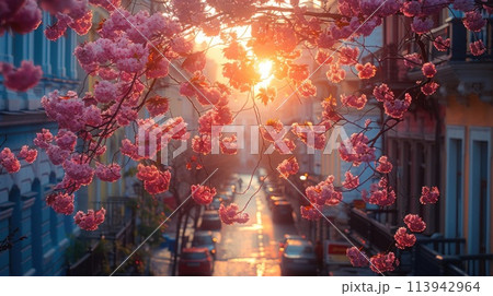 Magenta blooms glow as the sun filters through cherry blossoms on a city street 113942964
