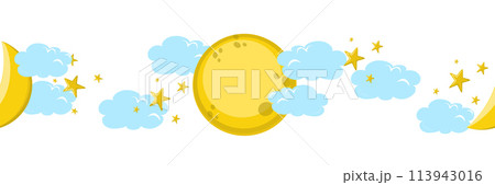 Seamless banner with moon, moon, stars among clouds on white background.  113943016