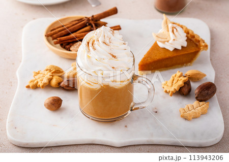 Pumpkin spice latte topped with whipped cream and cinnamon Pumpkin spice latte topped with whipped cream and cinnamon 113943206
