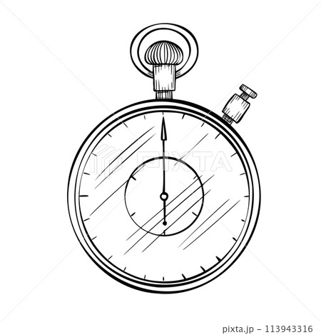Stopwatch for timing. Vector illustration of chronometer on isolated background. Drawing of Timer for icon in linear style. Sketch of vintage clock for sports competitions painted by black inks. 113943316