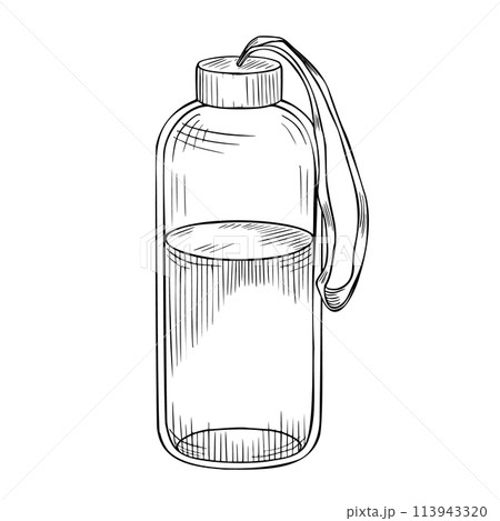 Bottle with Water. Hand drawn vector illustration of a Drink in a reusable sport glass on a isolated background. Drawing of transparent jar for icon. Female fitness equipment sketch in outline style. 113943320