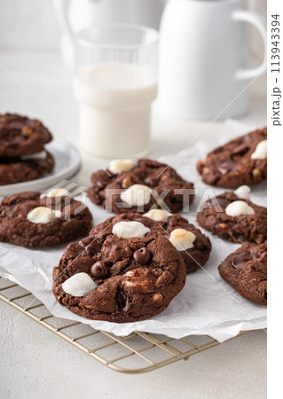 Double chocolate cookies with little marshmallows on a cooling rack 113943394
