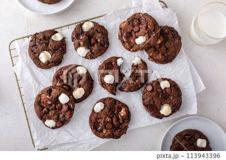 Double chocolate cookies with little marshmallows on a cooling rack Double chocolate cookies with little marshmallows on a cooling rack 113943396