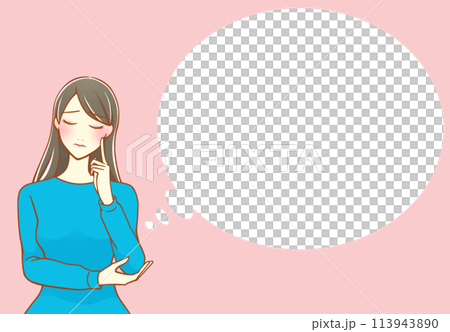 人差し指を頬にあてて考える黒髪の女性 フキダシ(青×桃) 人差し指を頬にあてて考える黒髪の女性 フキダシ(青×桃) 113943890