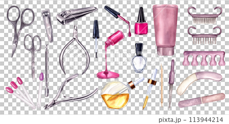 Set of tools for Manicure and pedicure procedure. Nail treatment. Cosmetic instruments. Scissors. Nail polish, cutter, nipper, clipper, nail file. Watercolor illustration for beauty salon design 113944214
