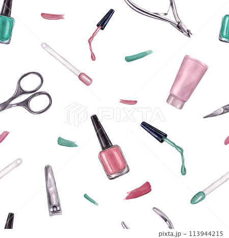 Manicure instruments with splashes. Nail pink, green polish, trimmer, cuticle scissors, clippers for nail treatment. Seamless pattern. Watercolor illustration for package, textile Manicure instruments with splashes. Nail pink, green polish, trimmer, cuticle scissors, clippers for nail treatment. Seamless pattern. Watercolor illustration for package, textile 113944215