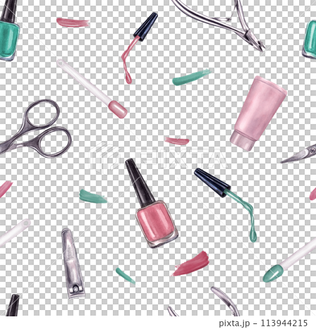 Manicure instruments with splashes. Nail pink, green polish, trimmer, cuticle scissors, clippers for nail treatment. Seamless pattern. Watercolor illustration for package, textile Manicure instruments with splashes. Nail pink, green polish, trimmer, cuticle scissors, clippers for nail treatment. Seamless pattern. Watercolor illustration for package, textile 113944215