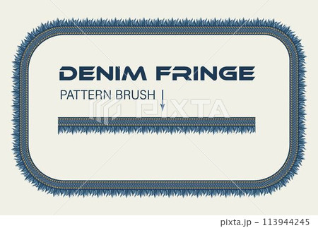 Rectangular denim frame. Pattern brush with denim fabric, double topstitching, fringe. Design element in vintage style. Rectangular denim frame. Pattern brush with denim fabric, double topstitching, fringe. Design element in vintage style. 113944245