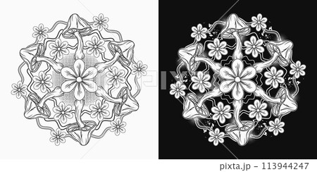 Circular pattern with mushrooms, chamomiles, wavy lines, halftone. Black and white illustration for fantasy, groovy, hippie, mystical, surreal design Circular pattern with mushrooms, chamomiles, wavy lines, halftone. Black and white illustration for fantasy, groovy, hippie, mystical, surreal design 113944247