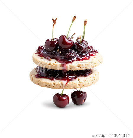 Cherry almond jam dollop rich and chunky plopping onto a shortbread cookie with cherries and 113944314