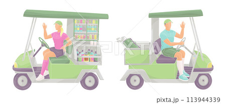 golf buggy car and beverage golf cart with male and female caddy driver 113944339